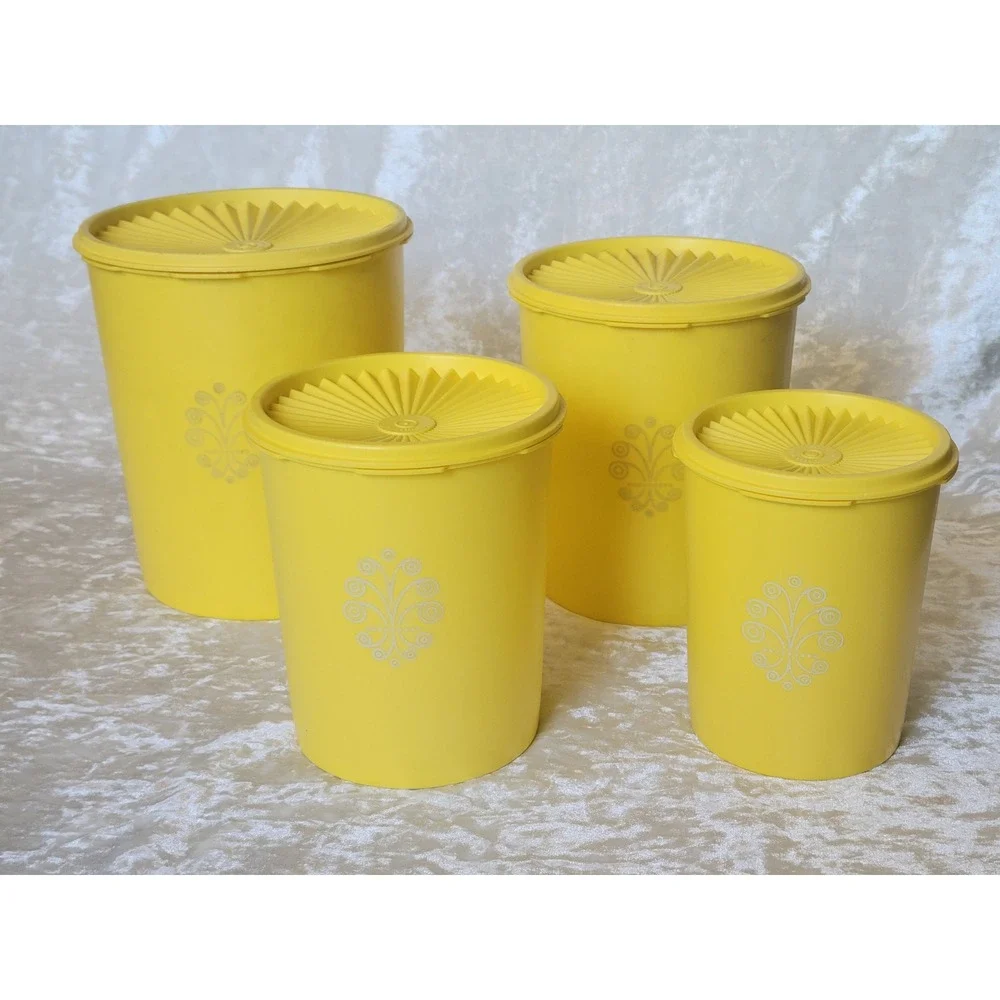 4 Vtg Tupperware Daffodil Sun Yellow Canister Set Sunburst Lids 805 807 809 811